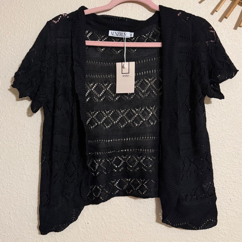Black Open Crochet Knit Short Sleeve Cardigan